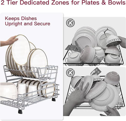 BOOSINY 2 Tier Red Large Stainless Steel Dish Drainers Drying Rack for Kitchen Counter with Drainboard, Rust Proof Metal, Space Saving, Modern Aesthetic, Compact Plates Strainers with Extra Mat