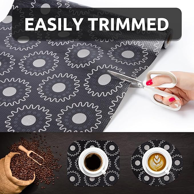 12X120 Inch Shelf Liner for Kitchen Cabinets, PVC Drawer Liner for Dresser Non-Slip Bathroom, Non-Adhesive Cabinet Liner Washable (Black Circle)(1 Roll)