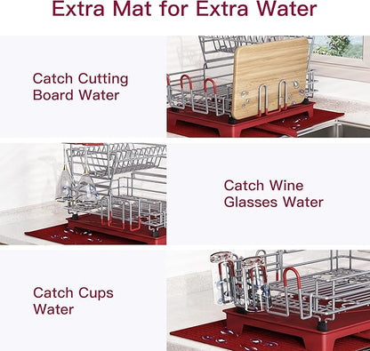 BOOSINY 2 Tier Red Large Stainless Steel Dish Drainers Drying Rack for Kitchen Counter with Drainboard, Rust Proof Metal, Space Saving, Modern Aesthetic, Compact Plates Strainers with Extra Mat