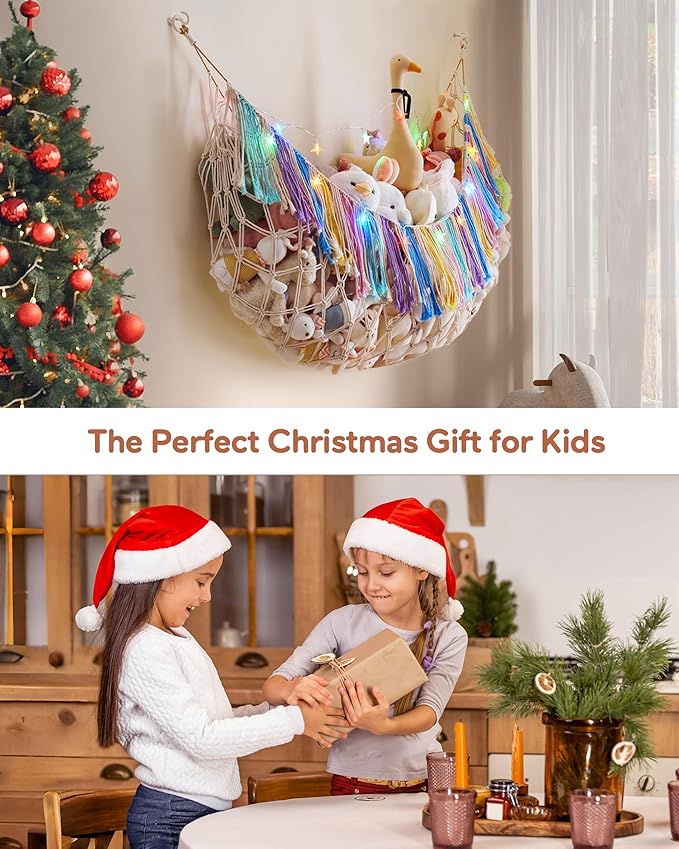 Stuffed Animal Hammock Net with Lights - Xlarge Wall Hanging Stuffed Animal Storage for Plushie Toys and Teddy Bears,Boho Stuffy Hammock for Kids Bedrooms Playroom Nursery