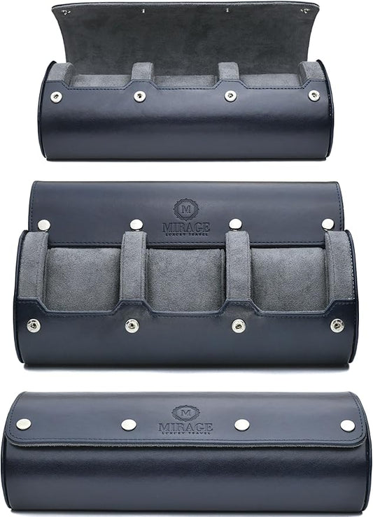 Watch Case Travel Organizer - Watch Roll Case - 3 Watch Case Display Storage - Watches Accessory Gift - Midnight Blue Vegan Leather