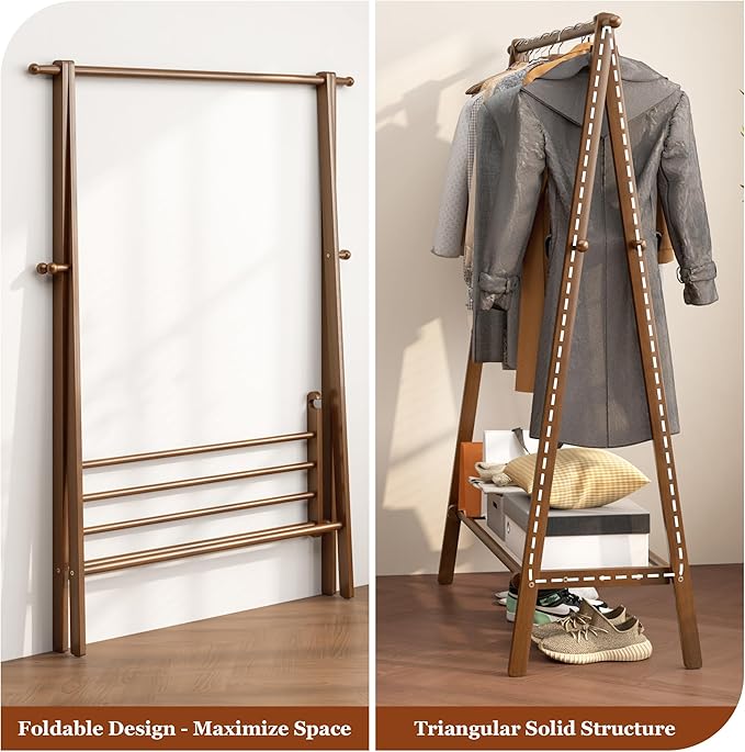 Solid Wood Clothes Rack with Shelves - Collapsible Clothing Racks for Hanging Clothes, Garment Rack with Shelves & 6 Hooks, Hanging Racks for Clothes, Bedroom, Entryway, Kids Room - Walnut