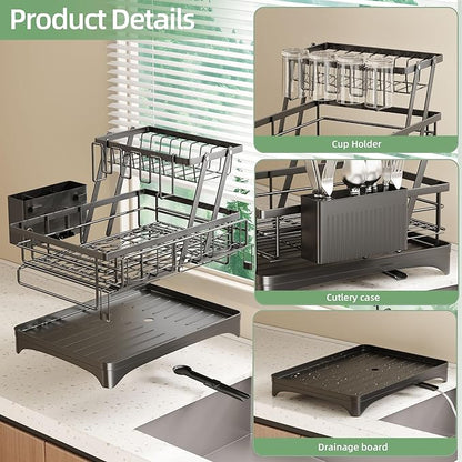 NETEL 2 Tier Dish Rack, Extendable Dish Drying Rack, Dish Drainer for Kitchen Counter, Dish Strainer with Utensil Holder & Cup Holder, Over The Sink Dish Drying Rack with Automatic Drainage System