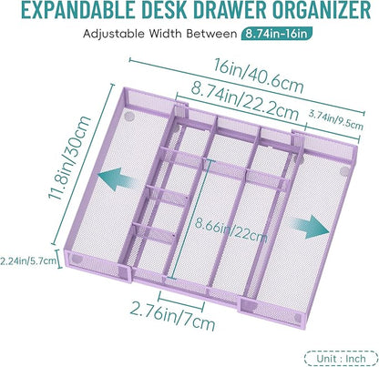 Expandable Desk Drawer Organizer Tray with 10 Adjustable Compartments, Metal Mesh Office Drawer Organizer, Versatile Desk Organizer for Home, School Supplies, Makeup Vanity & Jewelry (Purple)