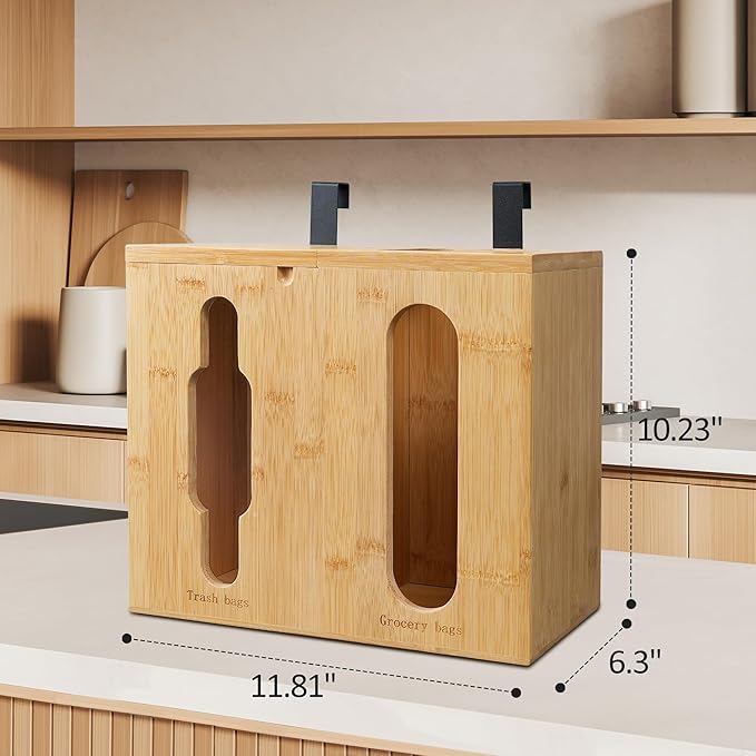 Trash Bag Dispenser & Grocery Bag Organizer, 2 in 1 Bamboo Garbage Bags Storage Box for Cabinet Door, Under Sink, or Wall Mounting