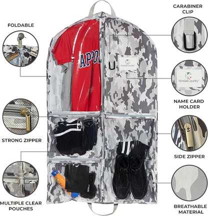 Waterproof Hanging Garment Bag 40 inch Clothes Bag with Gusset, 5 Pockets & Side Zip for Dance Costumes, Sports, Skating, Theatre, Beauty Pageants, Cheer & More by Kendall Country, Camo Grey
