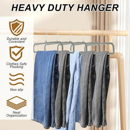 Velvet Pants Hangers Non Slip, 30 Pack Velvet Hangers for Closet with 30 Hooks, Strong Durable Space Saving Slim Clothes Hanger, Ultra Thin Flocked Hanger for Pants, Shirts, Bra, Shorts (Grey)