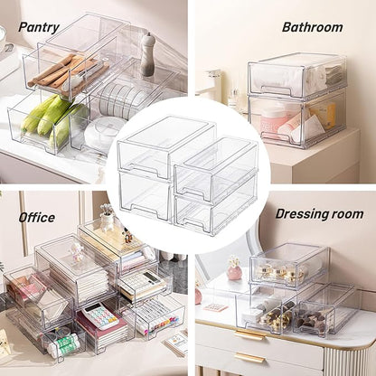 6 Pack Stackable Pull-Out Storage Drawers,Plastic Clear Organizer Bins with Handles,Easily Clean for Craft,and Toy Organization,Kitchen,Undersink,Cabinet,Fridge,Closet,Pantry,Office,Bathroom