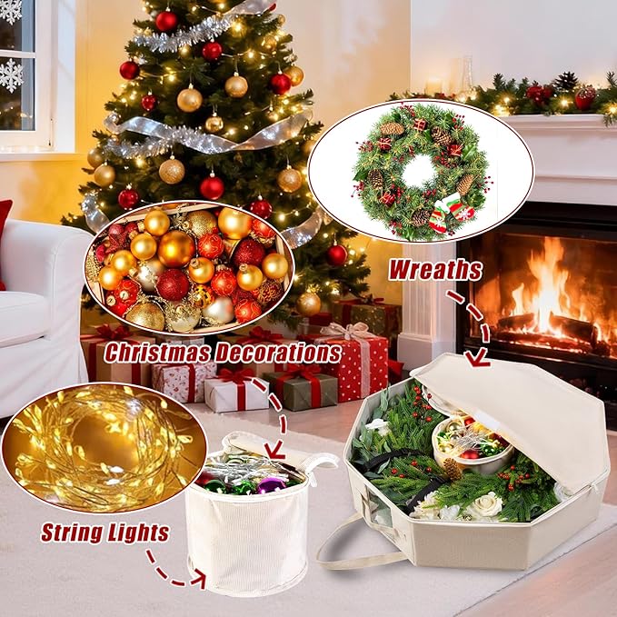 2 Pack Wreath Storage Christmas Garlands Bag with Interior Pockets Large Xmas Container Box for Holiday Decorations Case with Zipper Handles Window Labeling Card Slot 24" Houndstooth