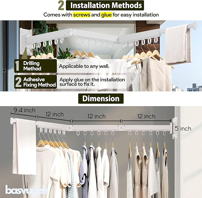 Clothes Drying Rack - Comes with Portable Travel Clothes Hanger 2X -Wall Mounted Drying Rack - Space Saving - Easy to Install - Clothes Hanging - Retractable - (Tri-Fold) (White/Beige)