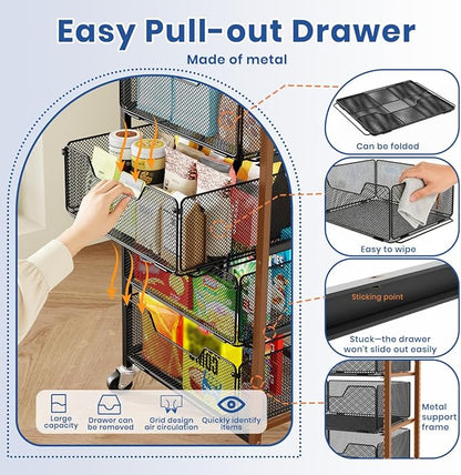 Goovilla Kitchen Cart with Drawers, 4 Tier Metal Rolling Utility Cart Organizer on Lockable Wheels with Wooden Top, Black Fruit Vegetable Storage Rack Also for Cans, Snack, Craft, Art, Office, Beauty