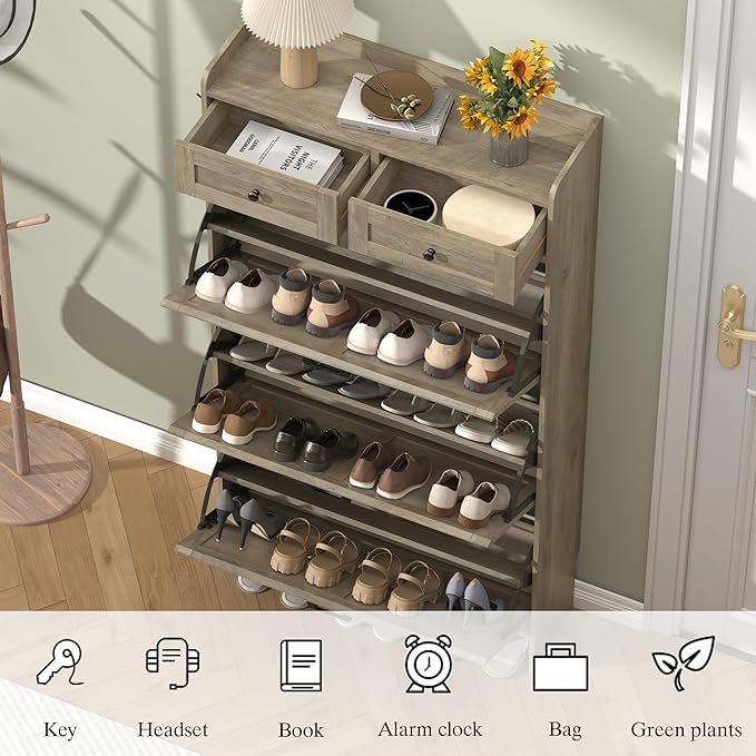 Shoe Cabinet with 3 Flip Drawers & 2 Storage Drawers, Rustic Farmhouse Narrow Shoe Organizer Cabinet, Slim Shoe Rack Cabinet, Shoe Storage Cabinet for Entryway, Hallway, Front Door