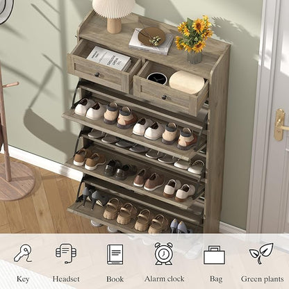 Shoe Cabinet with 3 Flip Drawers & 2 Storage Drawers, Rustic Farmhouse Narrow Shoe Organizer Cabinet, Slim Shoe Rack Cabinet, Shoe Storage Cabinet for Entryway, Hallway, Front Door