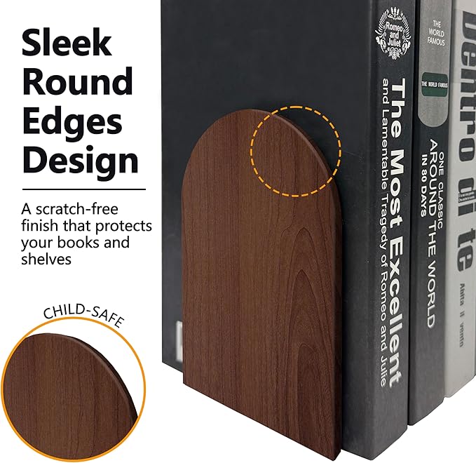 Walnut Wood Book Ends for Shelves - Hand Polished Edges, Non-Skid Bookends for Heavy Duty Book Holders Office Desk Shelves Decorative Book Organizer, 6.69"H x 4.72"W x 3.94"L (2 Pairs)