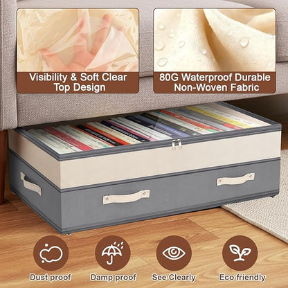 Dolicer 4 Pack Under Bed Storage with Wheels, 6in-10in Height Adjustable Underbed Storage Containers, 92L XXXL Under Bed Drawers Rolling Bin with Clear Lids for Dorm Shoes Clothes Organizers(Grey)