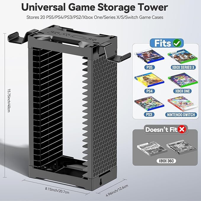 Video Game Storage Tower Holder with Controller Stand, Wall Mount Game Organizers and Storage for Nintendo Switch 2/ PS5/4/ XboxOne/Series, Vertical & Horizontal Stand for 20 Gaming Discs Accessories