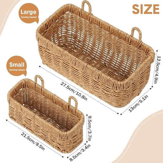Tioncy 2 Pcs Woven Hanging Wall Baskets for Storage Boho Style Hanging Storage Plastic Woven Baskets with 4 Hooks for Kitchen Garden Living Room(Light Brown,Imitation Rattan Plastic)