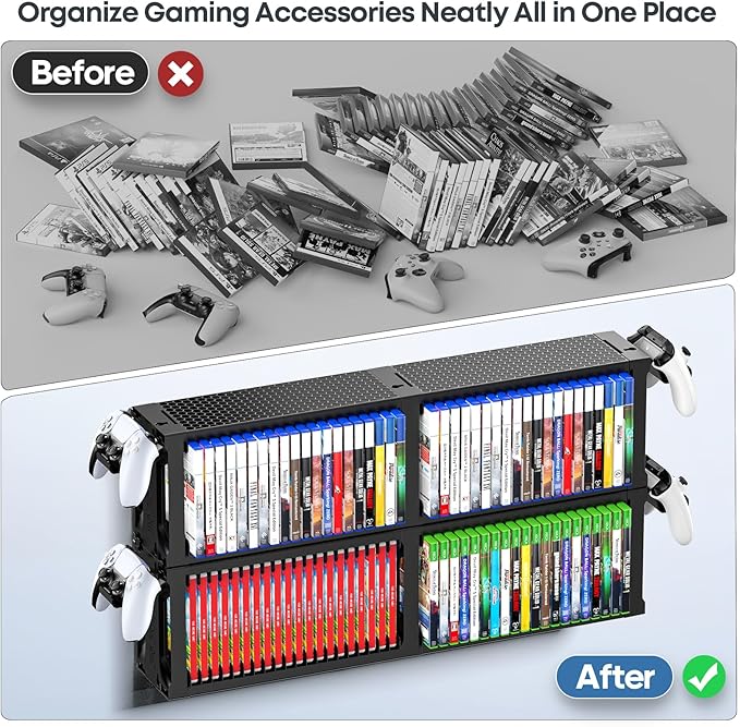 Kytok Video Game Disc Rack Tower Video Game Storage Universal for PS5/PS4/ XBOX One/Series/Nintendo Switch Game, Game Organizer Shelf Display Stand for Wall Mount/Desk/Floor with Controller Holder