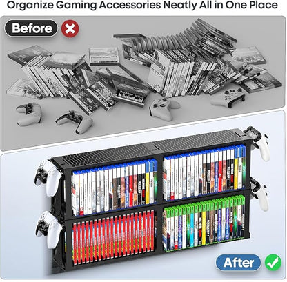 Kytok Video Game Disc Rack Tower Video Game Storage Universal for PS5/PS4/ XBOX One/Series/Nintendo Switch Game, Game Organizer Shelf Display Stand for Wall Mount/Desk/Floor with Controller Holder