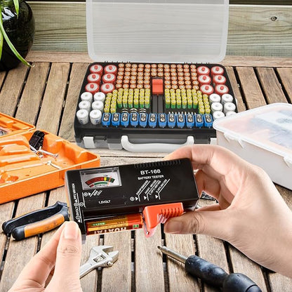 Battery Organizer Storage Holder Case with Double-Sided, Garage Box with Tester Checker. Batteries Container for 269pcs AA AAA AAAA 3A 4A 9V C D Lithium 4LR44 CR2 CR123A CR1632 CR2032 18650 - Black