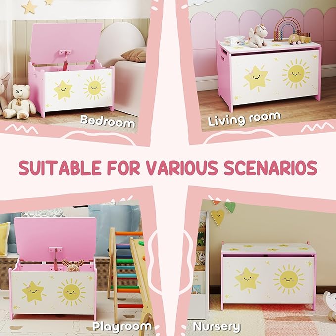 Qaba Toy Box with Lid, Toy Chest with Safety Hinges for Kids Boys Girls, Storage Organizer for Living Room, Playroom, Nursery, Bedroom, 24" L x 15" W x 15" H, Pink