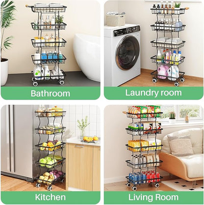 Fruit Basket Kitchen Pantry Organizers and Storage - 5 Tier Stackable Metal Wire Basket Stand for Fruit Vegetable Snacks Jars Bins Containers Organization, Black