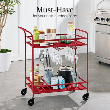 Best Choice Products Rolling Bar Cart, Mobile Home Bar Serving Cart, Serving Station w/ 2 Tier Shelves, Wine Rack, Lockable Wheels - Red