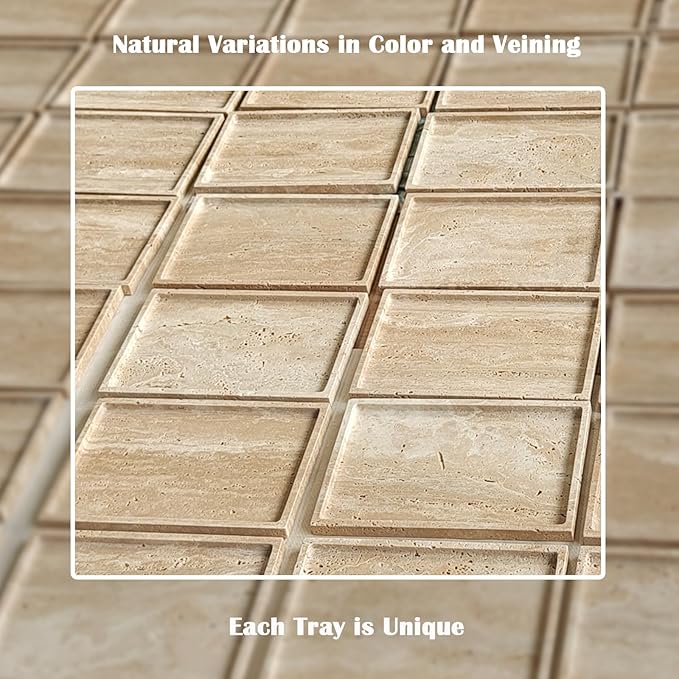 OAIQNUJ Travertine Stone Tray for Coffee Table, 12 x 8 inch Rectangle Marble Vanity Tray for Bathroom Countertop, Decorative Dish for Perfume Jewelry (Beige Travertine)