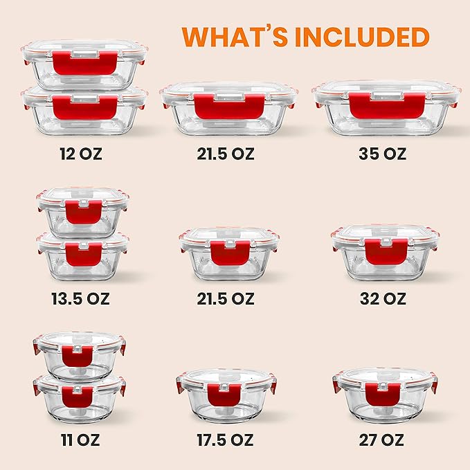 NutriChef 24-Piece Glass Food Storage Containers with Lids - 12 Stackable Heavy Duty Meal Prep Containers w/ 12 Airtight Lids - Microwave, Freezer, & Dishwasher Safe for Food, Snacks, & Fruit-(Red)
