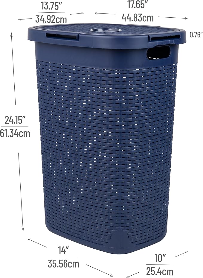 Mind Reader Slim Laundry Hamper with Lid, 60L Clothes Basket, Premium Wicker Design, Plastic, Navy