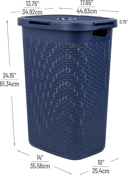 Mind Reader Slim Laundry Hamper with Lid, 60L Clothes Basket, Premium Wicker Design, Plastic, Navy