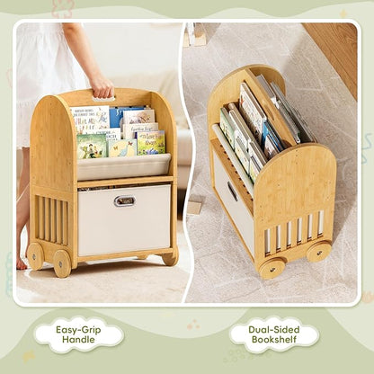 2-Sided, 3-Tier Bamboo Kids Bookshelf, Montessori Shelf with Safe Wheels and Large Storage Drawer, Toddler Bookcase Nursery Book Shelves and Toy Storage for Baby Rooms Playroom Kindergarten