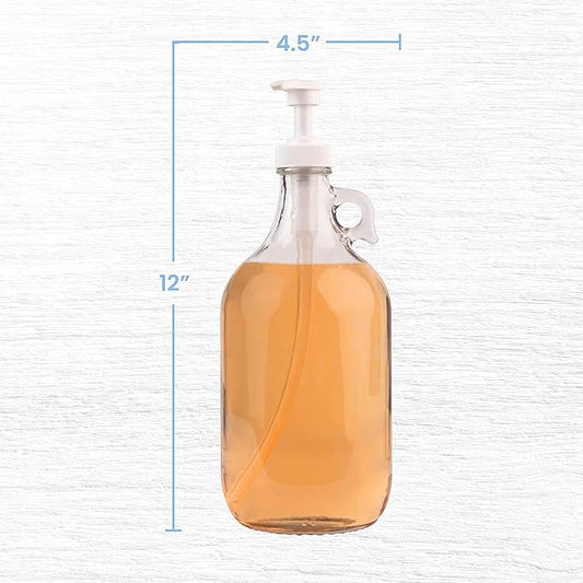 kitchentoolz Half Gallon Glass Pump Dispenser Bottle, Large Jug with Pump for Laundry Soap Dispenser, Liquid Detergent, Fabric Softener, Syrup Pump - 64 oz Made in USA