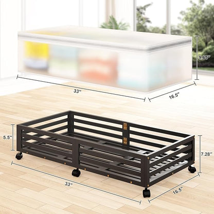 Wisuce Home Under Bed Storage Containers With Wheels - 2 Pcs Large Bamboo Wood Rolling Underbed Shoe Storage Bins With Dust Bags for Clothes Blankets, Duvet Covers Snacks Toys (Black)