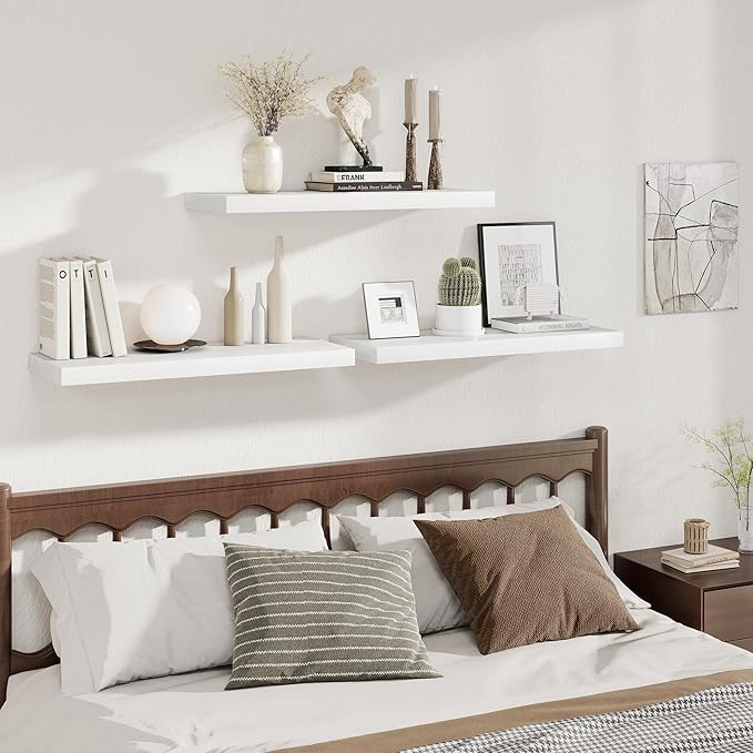 Fun Memories Deep Floating Shelves, 32W x 12D White Wall Shelves, 32 Long Rustic Wood Wide Storage Shelves for Bedroom, Kitchen, Farmhouse, Laundry Room, Bedroom, Kitchen, Home Office- Set of 3