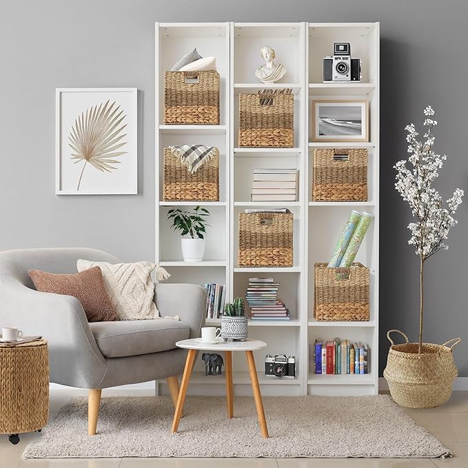 Casafield 12" x 12" Mixed Weave Storage Baskets, Natural - Set of 6 Woven Hyacinth Seagrass Wicker Storage Cube Bins for Bathroom, Bedroom, Laundry, Pantry, Shelves
