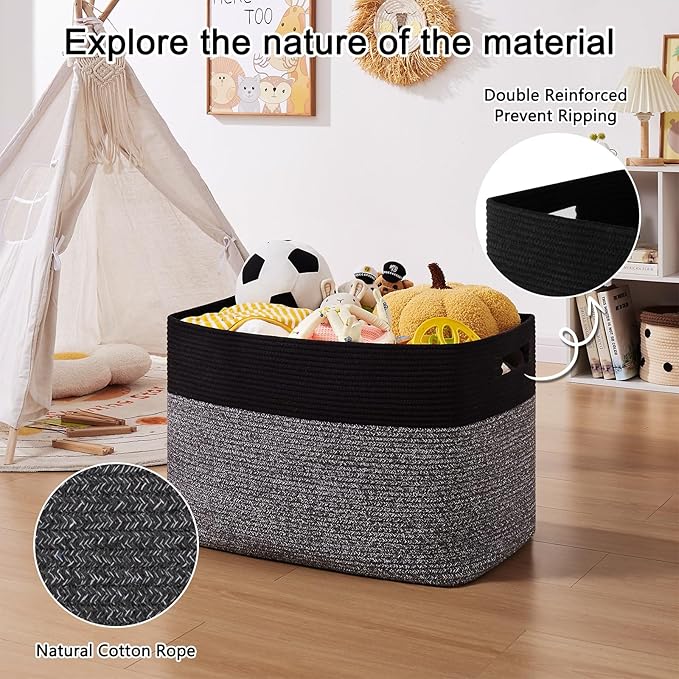OIAHOMY 108L Extra Large Blanket Basket, 25”x16”x16” Laundry Basket, Blanket Storage for Living Room, Dog Toy Storage with Handle - Grey & Black