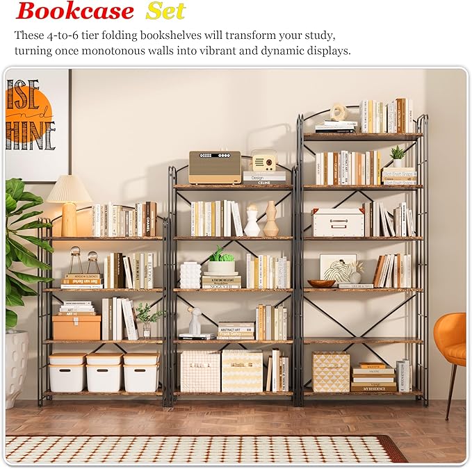 UDD Folding Bookshelf No Assembly, 54.1"H x 23.7"W, 5 Shelf Foldable Bookcase Industrial Collapsible Bookshelves, Open Storage Book Shelves for Small Spaces Home Office Living Room, Rustic Brown Black