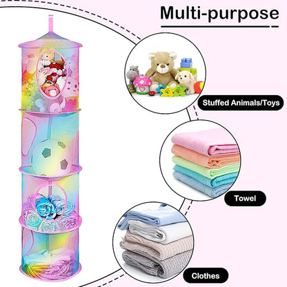 Basumee Stuffed Animals Net or Hammock 2 Pcs Stuffed Animals Storage Toy Net Hammock for Plushies Storage Organizer Mesh Kids Girls Room Decor, Rainbow, 4 Tiers