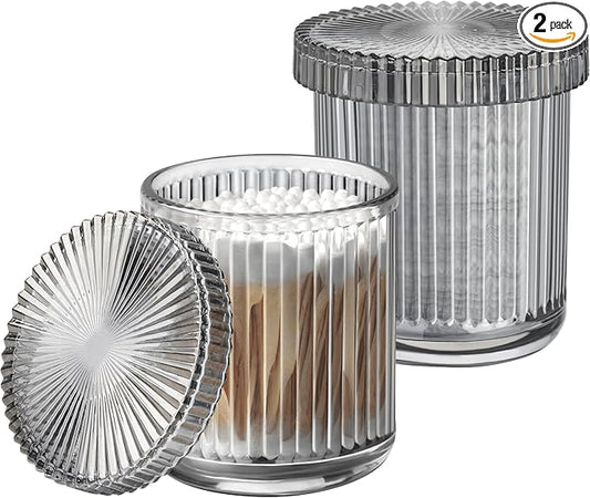 MKOSAB 2 Pack Qtip Holder - Apothecary Jars with Lids, Bathroom Organizers and Storage Canister for Cotton Balls,Swabs,Floss Picks,Hair Ties,Clear Glass Vintage Bathroom Decor Jar Set (Gray)