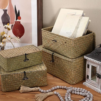 Woanger Set of 4 Wicker Storage Baskets Organizer，Handwoven Storage Bins with Lid for Organizing, Home Utility Box for Home Office Supplies Multipurpose Container(Natural Color)