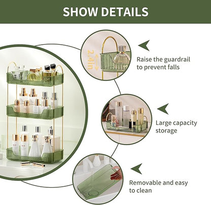 akinbas 3 Tier Bathroom Organizer Countertop Makeup Perfume Tray Skincare Organizer for Bathroom Dresser Vanity (Green)