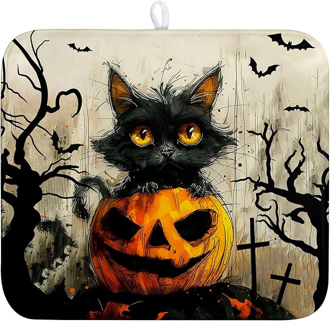 Wnoesat Black Cat Halloween Kitchen Dishes Drying Mat 16x18 Inch Halloween Fall Pumpkin Bat Dish Drying Mats for Kitchen Counter Absorbent Microfiber Dish Rack Mat Drainer Pad for Coffee Bar Sinks