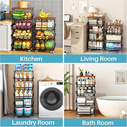 5 Tier Vegetable Fruit Basket for Kitchen, Stackable Metal Fruit and Vegetable Storage Baskets with Rolling Wheels Cart, Pantry organizers and storage for Kitchen Bathroom Livingroom Laundry room Cart