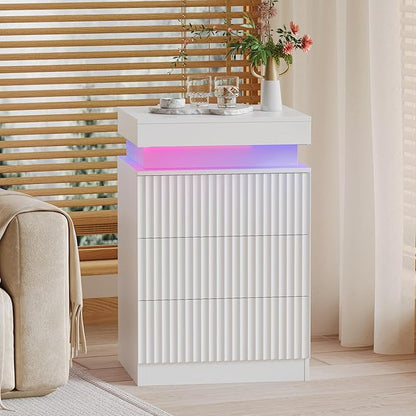 BOXACTION White Nightstand with 3 Drawers and LED Light, Mid Century Modern Fluted Night Stand with Charging Station, Bedside Table & End Table for Bedroom