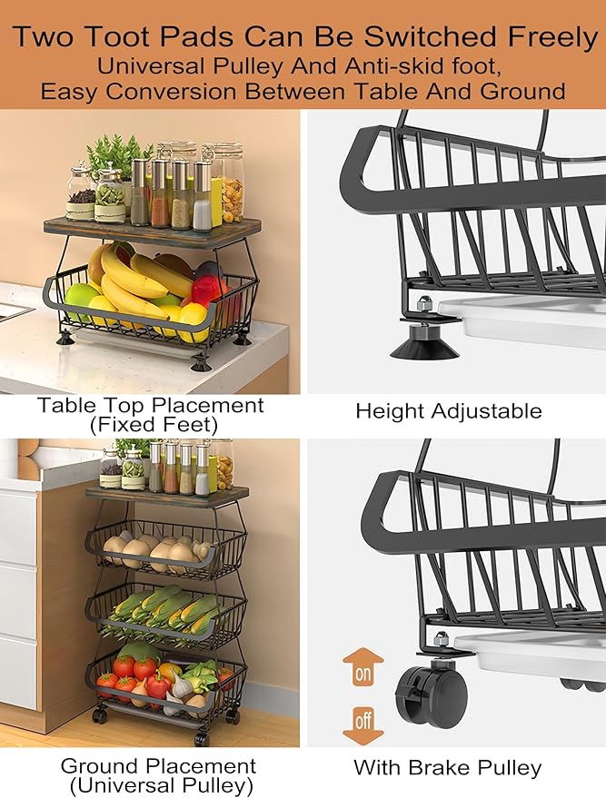 MURRI&MURRDI Fruit Vegetable Storage Basket with Wooden Lid, 6 Tier Stackable Wire Kitchen Cart with Wheels, Tall Produce Snack Racks Display, Narrow Rolling Cart for Pantry Onion Potato, Black
