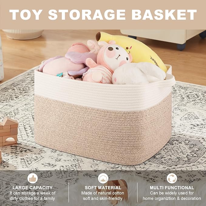 Blanket Basket for Living Room, Cotton Rope Basket for Storage, Toy Baskets Bin for kids, Woven Baskets with Handles for Clothes, Towels, Pillows, 20" x 16" x 12", Brown and White