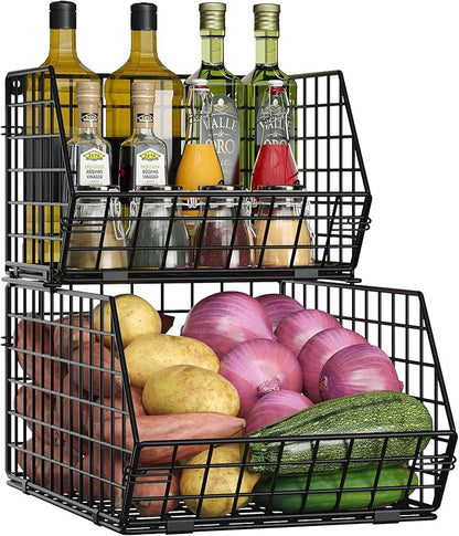 2 Tier Stackable Wire Basket-Kitchen Counter, Pantry Organization and Storage - Cabinet, Countertop Space Saving Organizing - Produce, Fruit, Vegetable,Onion, Potato, Bread Organizer Bin