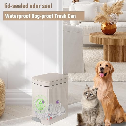 rejomiik Small Bathroom Trash Can with Lid Slim Soft Close Garbage Can Step Wastebasket Container Trash Bin for Office Bedroom Kitchen Living Room (1.9 Gallon Cream)