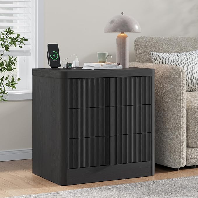 Harpaq Fluted Nightstand with Charging Station, 23.6" Night Stand with Solid Wood Handle, Mid Century Moden Bedside Table End Table 3 Drawer Dresser for Bedroom, Living Room, Black
